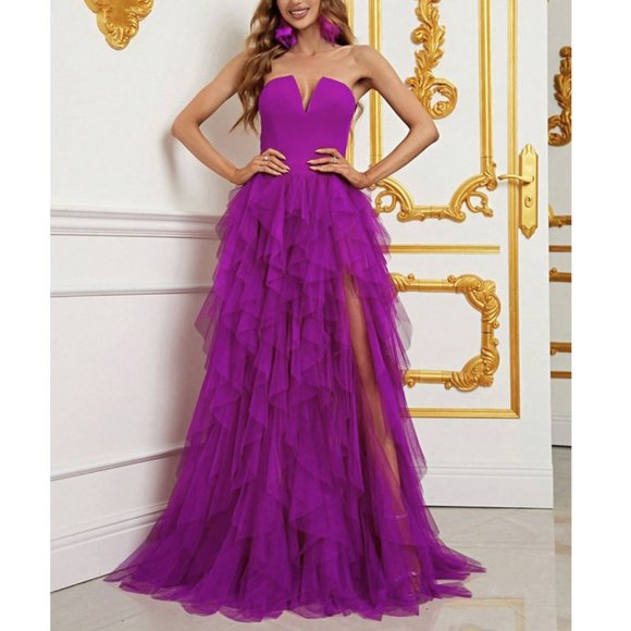 MODA ME COUTURE Dresses & Skirts - Chic Split Thigh Mesh Overlay Tube Maxi Dress purple